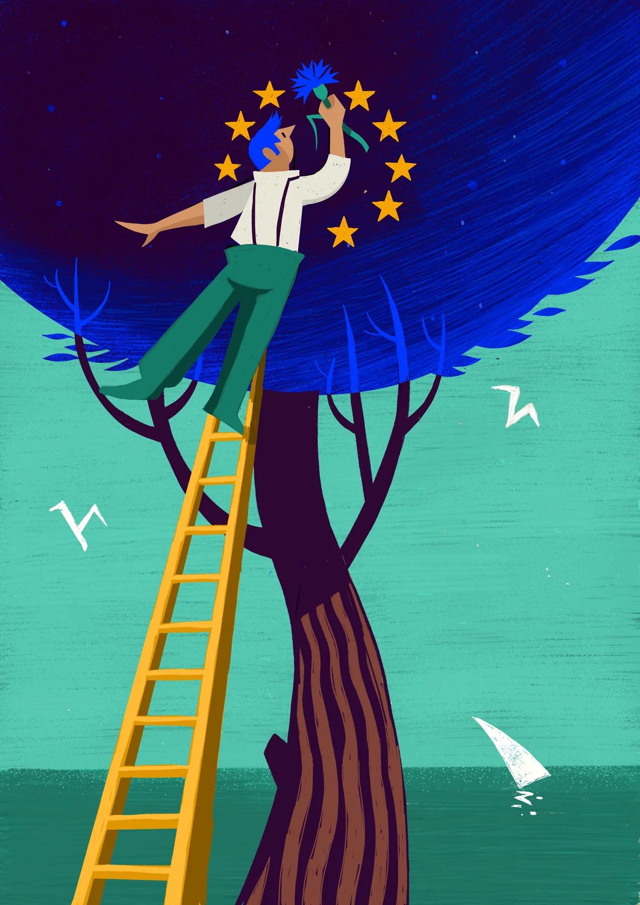 Illustratsioon inimesest redelil, kes ulatub Euroopa tähtedeni
